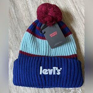 Levi's Embroidered Signature Logo Beanie Comfy Knits Pom Pom Winter Striped Blue